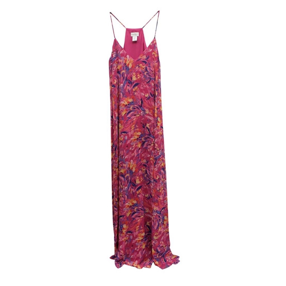 Pink floral Nicole Miller satin maxi dress. Size L